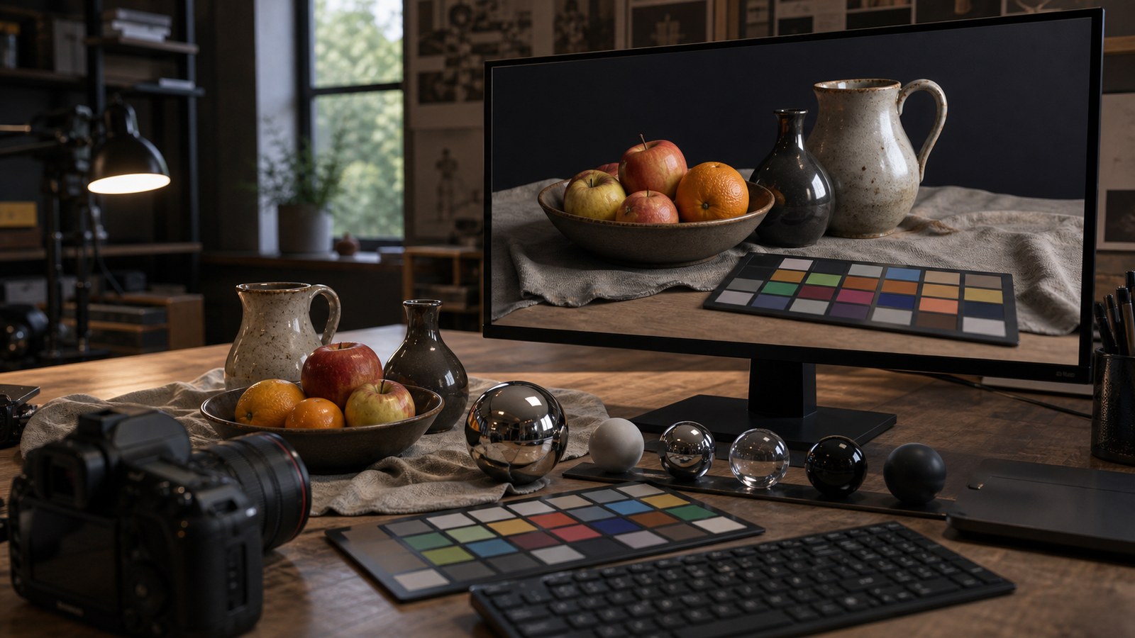 Photorealistic rendering desk with real props material spheres camera and matching digital render