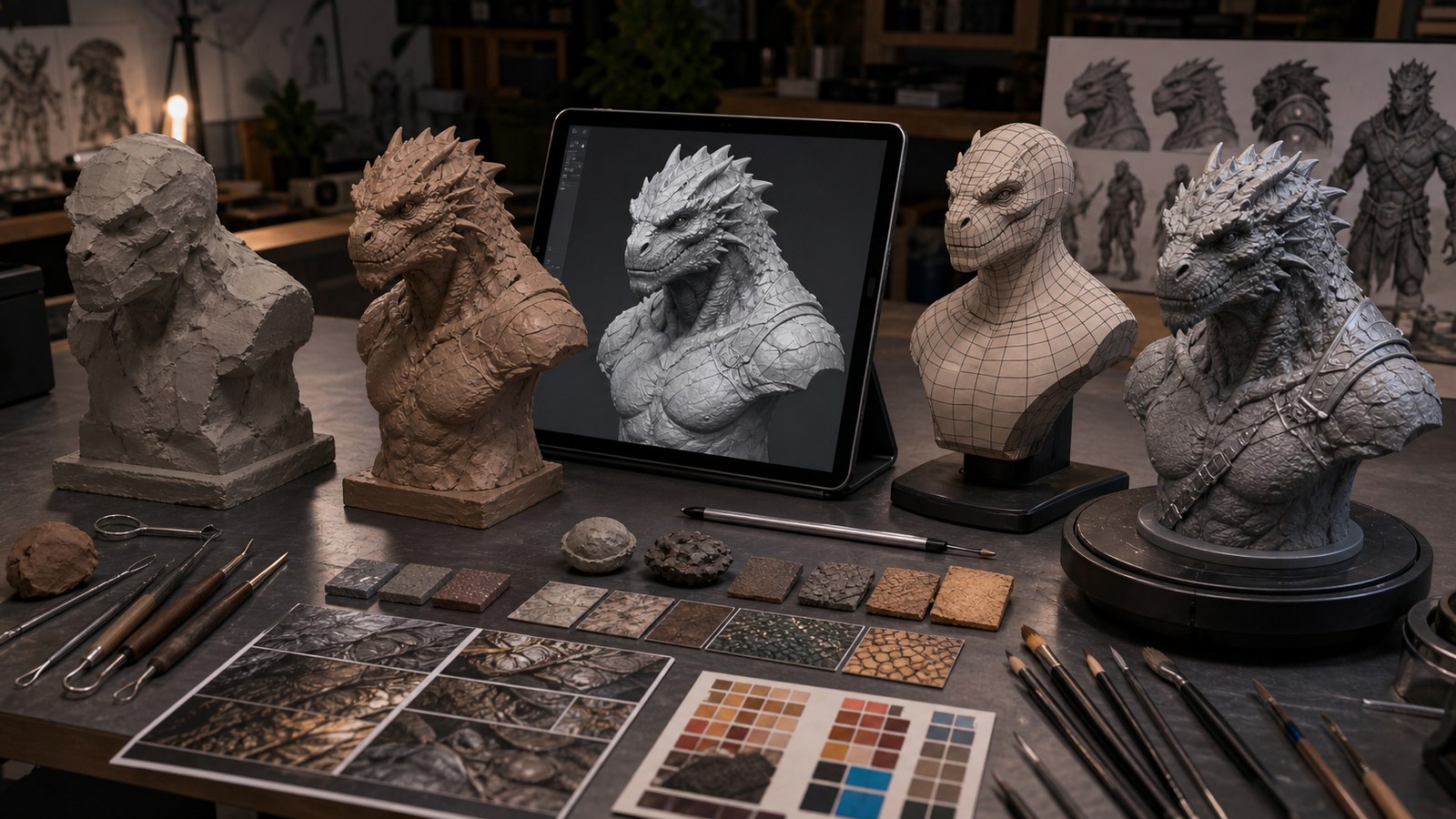 3D sculpting workflow table showing blockout refined bust topology guide and final maquette