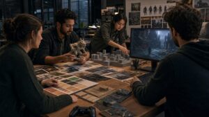 3D artist level designer and developer collaborating over maquette blockout pieces and game build