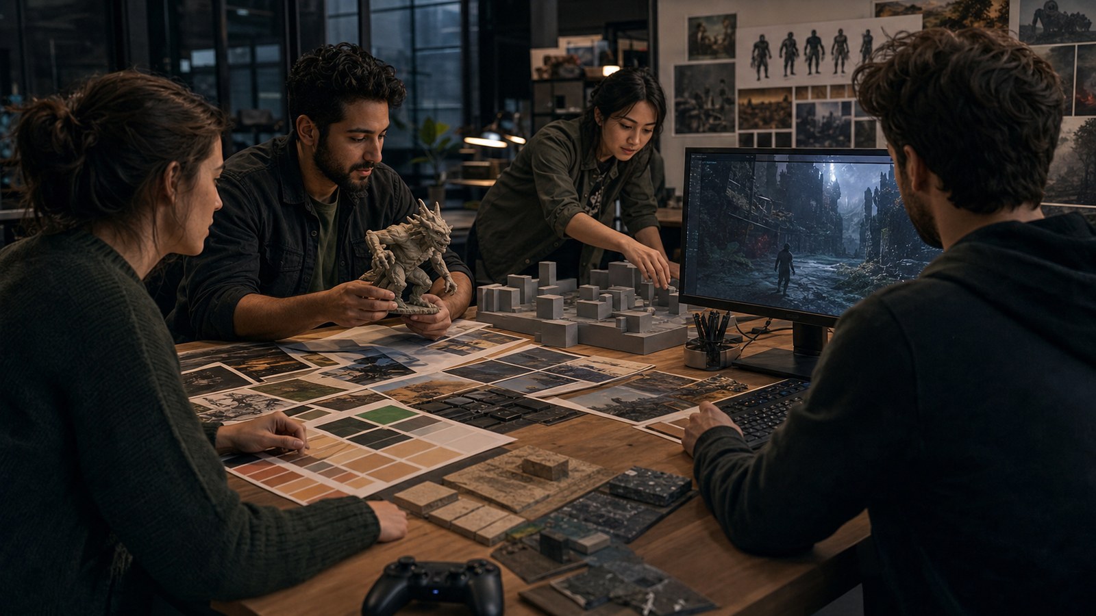 3D artist level designer and developer collaborating over maquette blockout pieces and game build