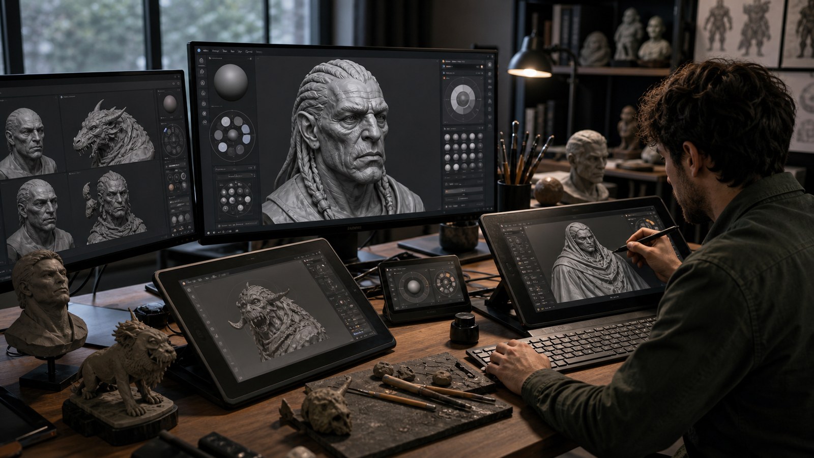 Digital sculpting software comparison workstation with tablets monitors and gray character models