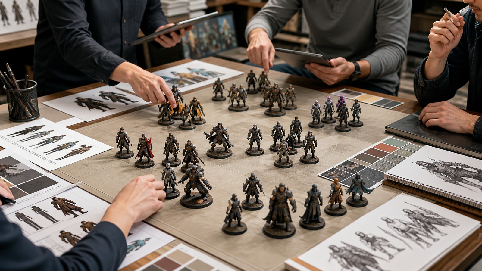 Multiplayer character miniatures arranged on a studio playtest table