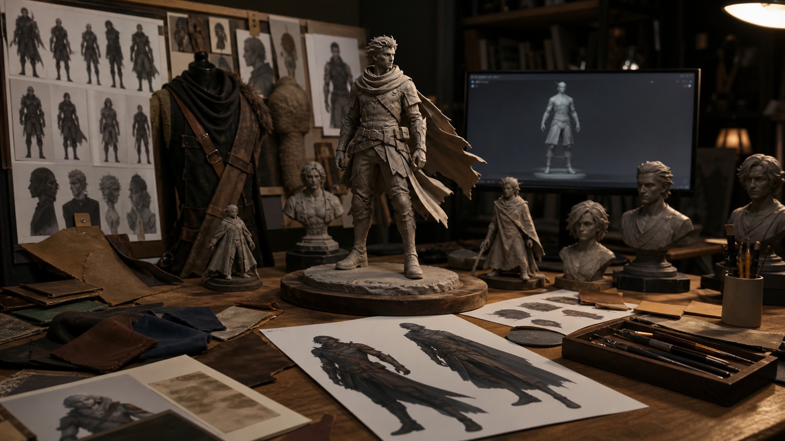 Character design studio desk with hero maquette and visual development materials