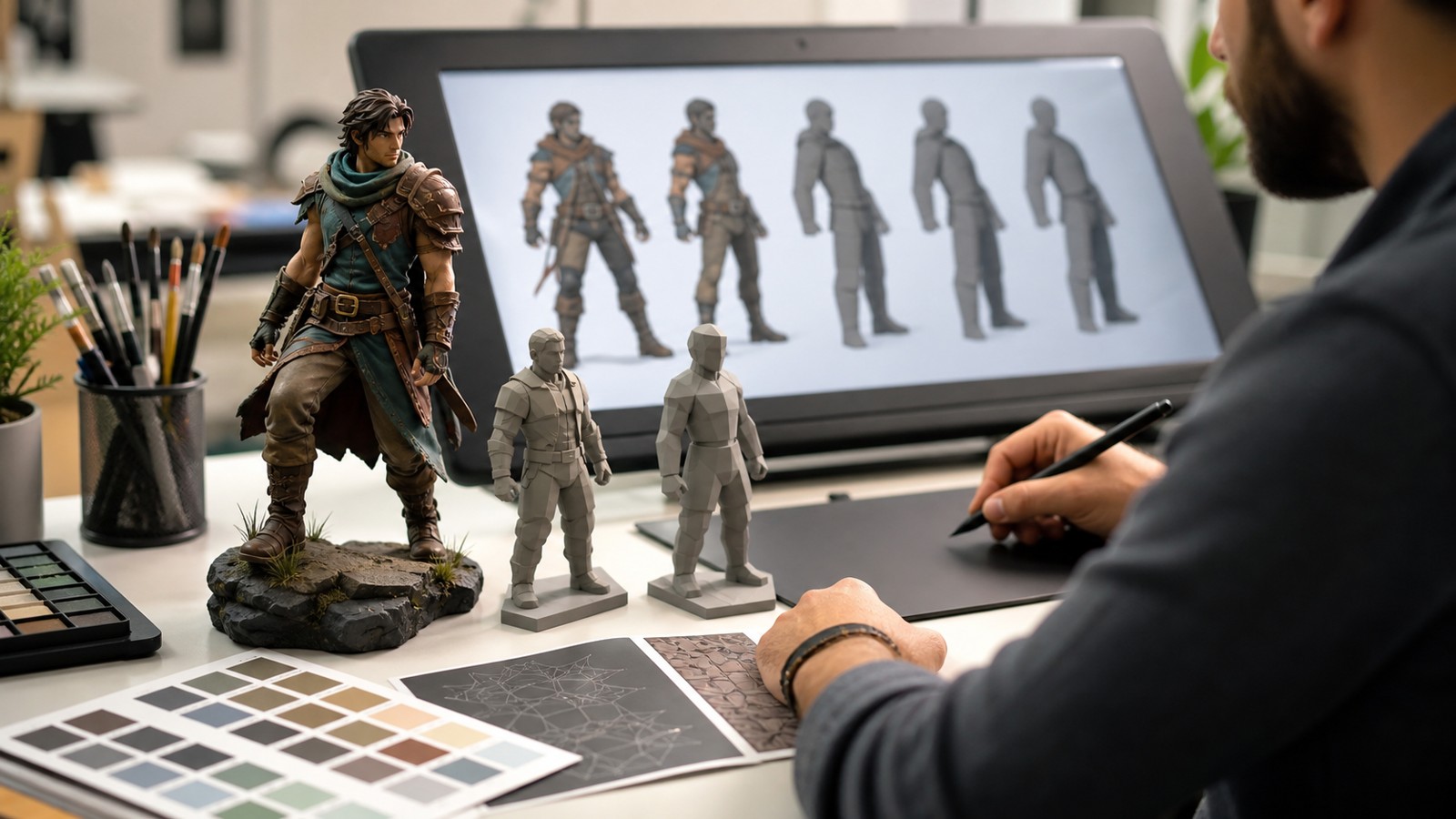 Digital art desk with mobile game character prototypes and simplified 3D forms