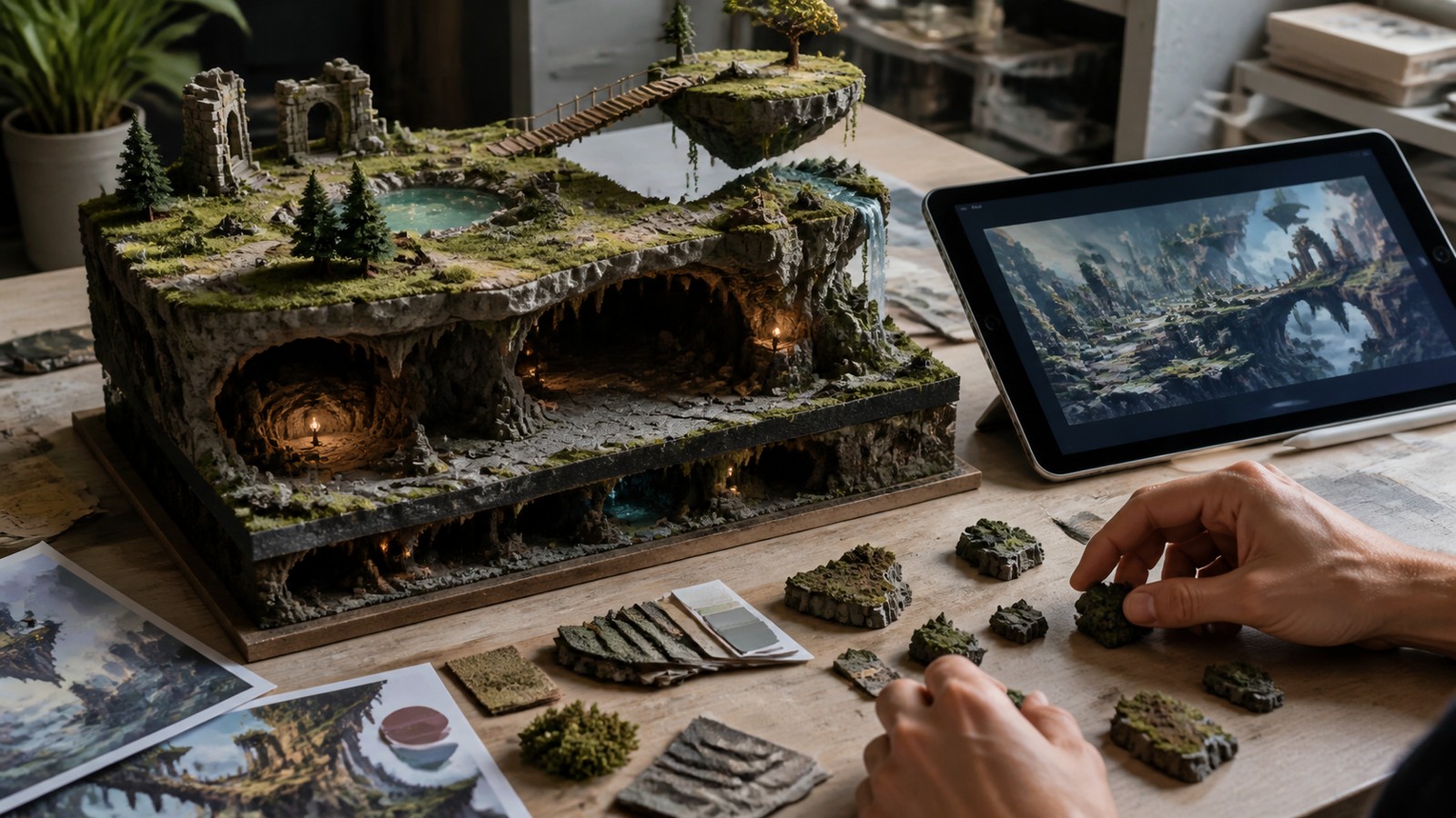 Layered game environment model with surface caves and elevated pathways on a design desk