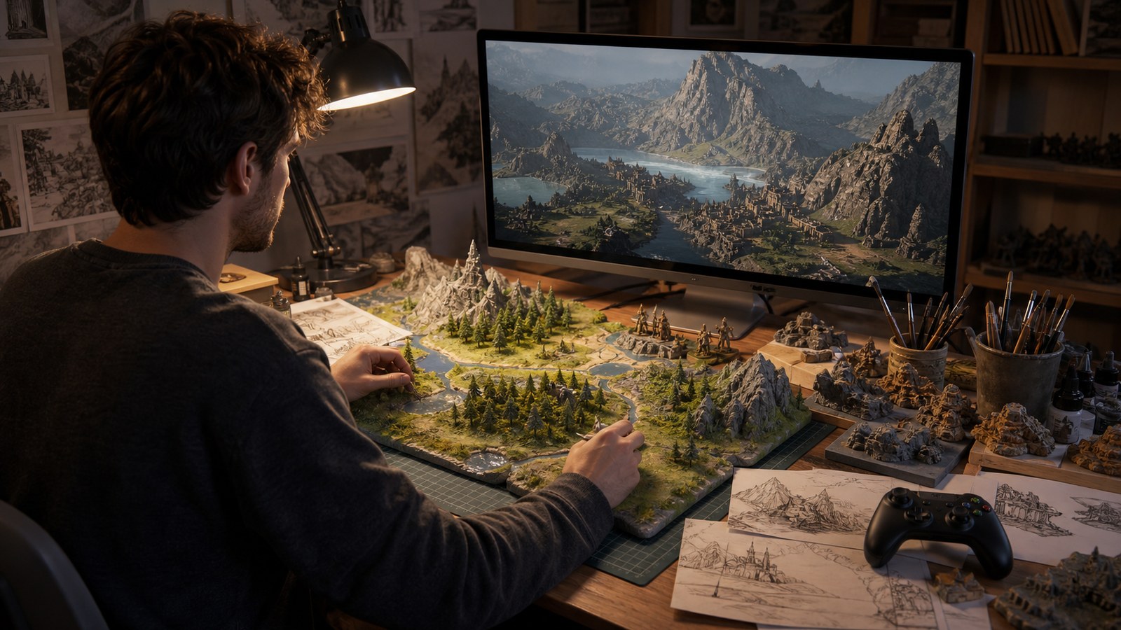 Fan creator building miniature fantasy expansion map beside unbranded game world screen