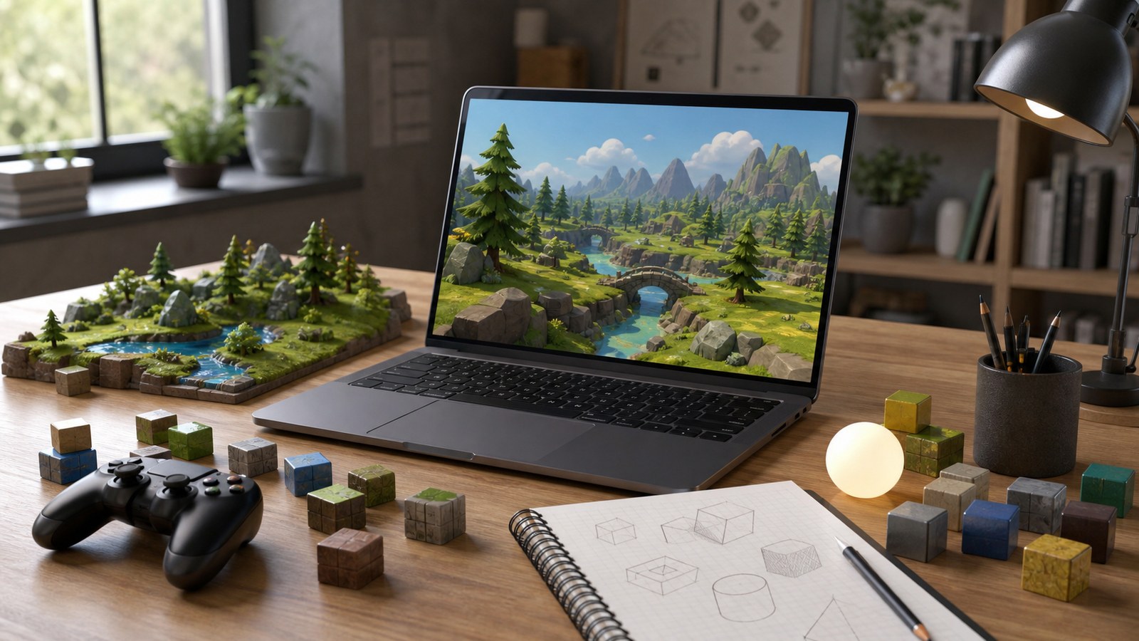 Beginner game engine learning desk with laptop controller asset cubes and simple 3D scene