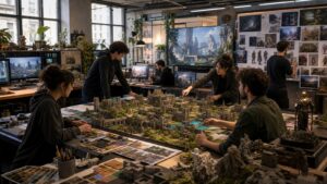 Game art team collaborating around fantasy city model material swatches and environment renders