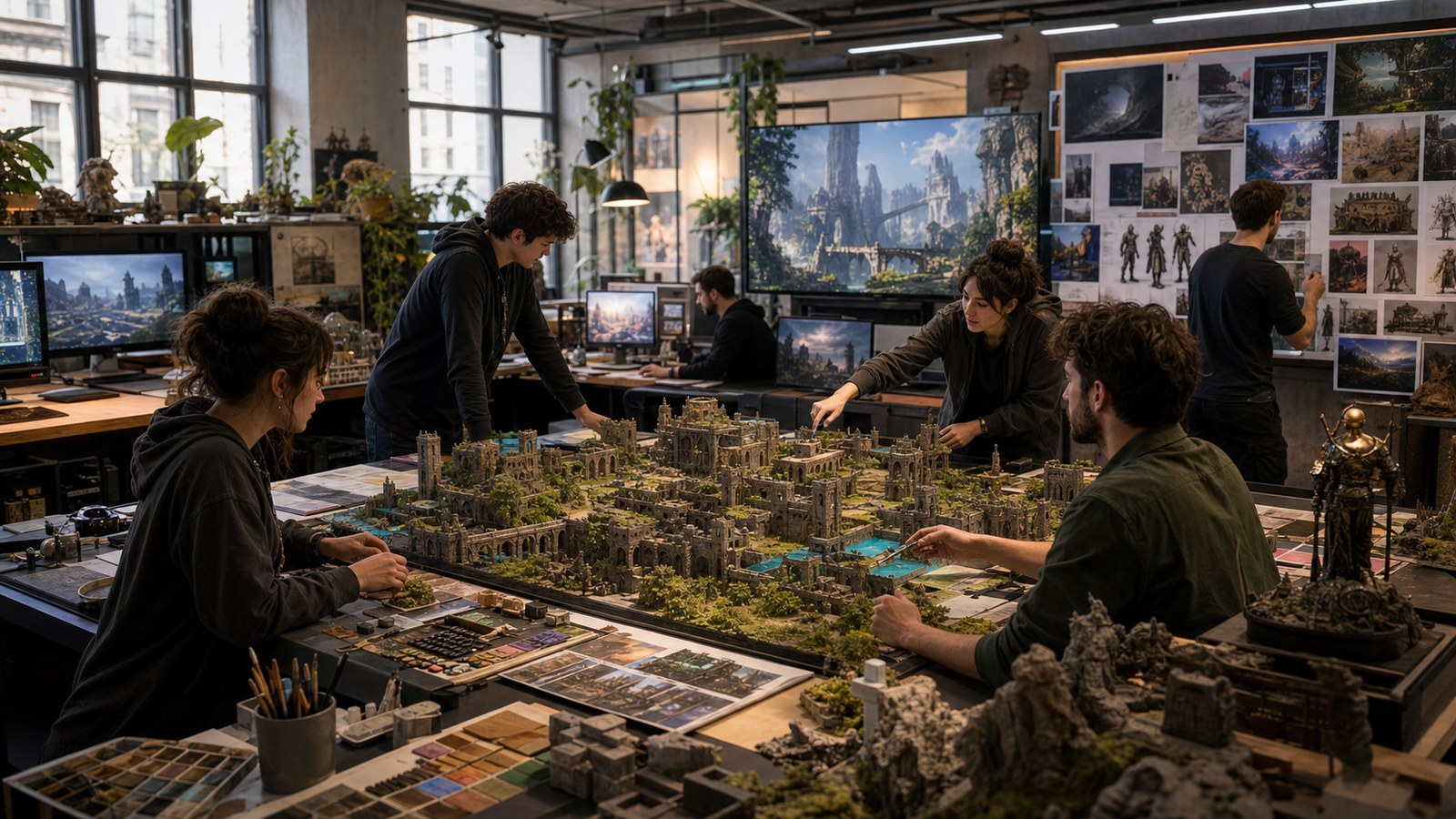 Game art team collaborating around fantasy city model material swatches and environment renders