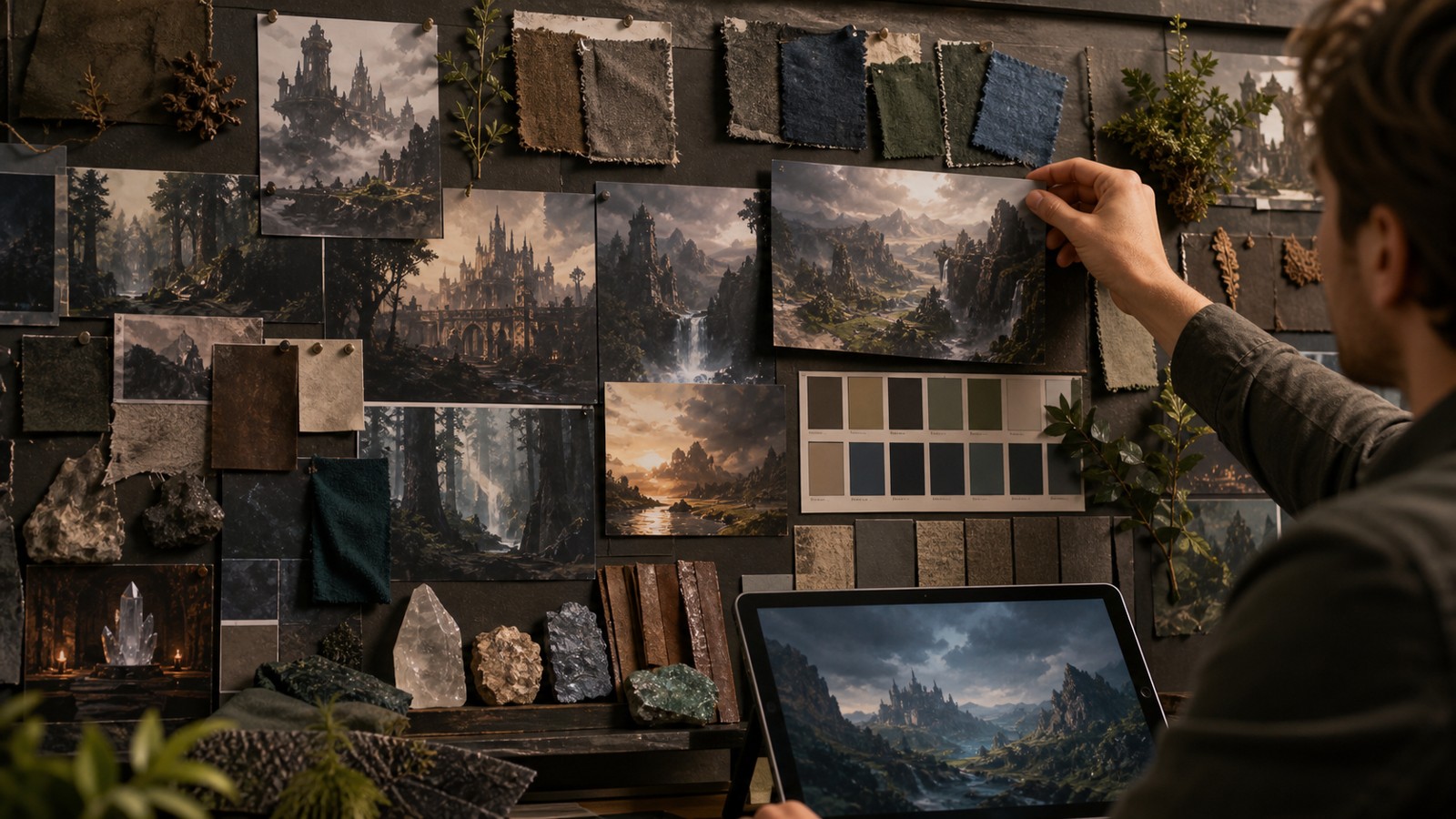 Fantasy game world moodboard with textures colors and visual references