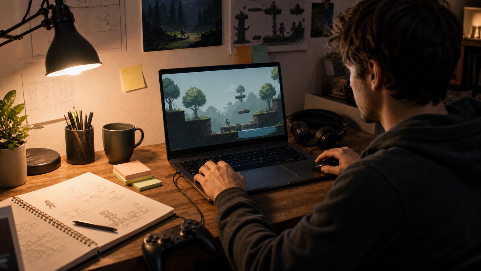 Small home indie game development setup with laptop controller and notebook
