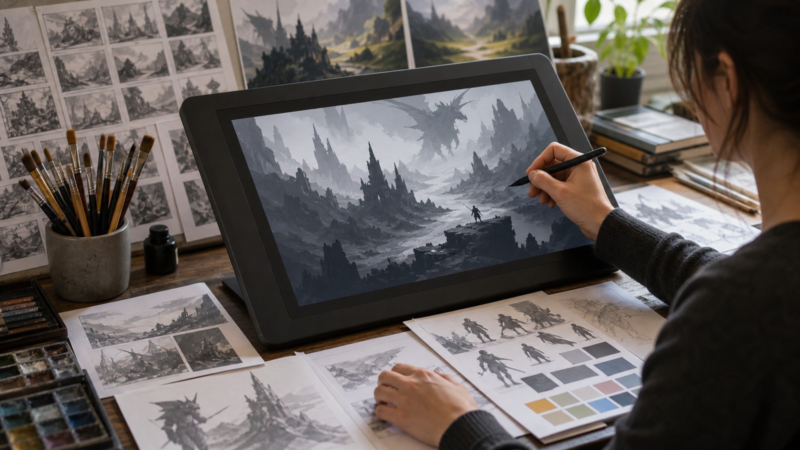 Concept artist drawing a fantasy game environment and character silhouettes on a tablet