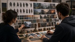 Game artists reviewing visual style samples and material swatches before production