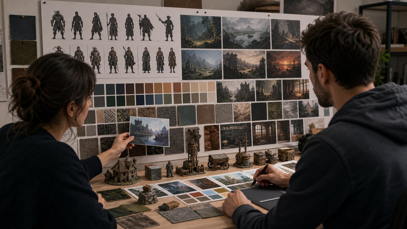 Game artists reviewing visual style samples and material swatches before production