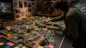 Game designer arranging modular level pacing map with route markers and terrain blocks