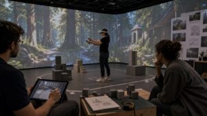 VR playtest lab with participant testing scale and spatial comfort