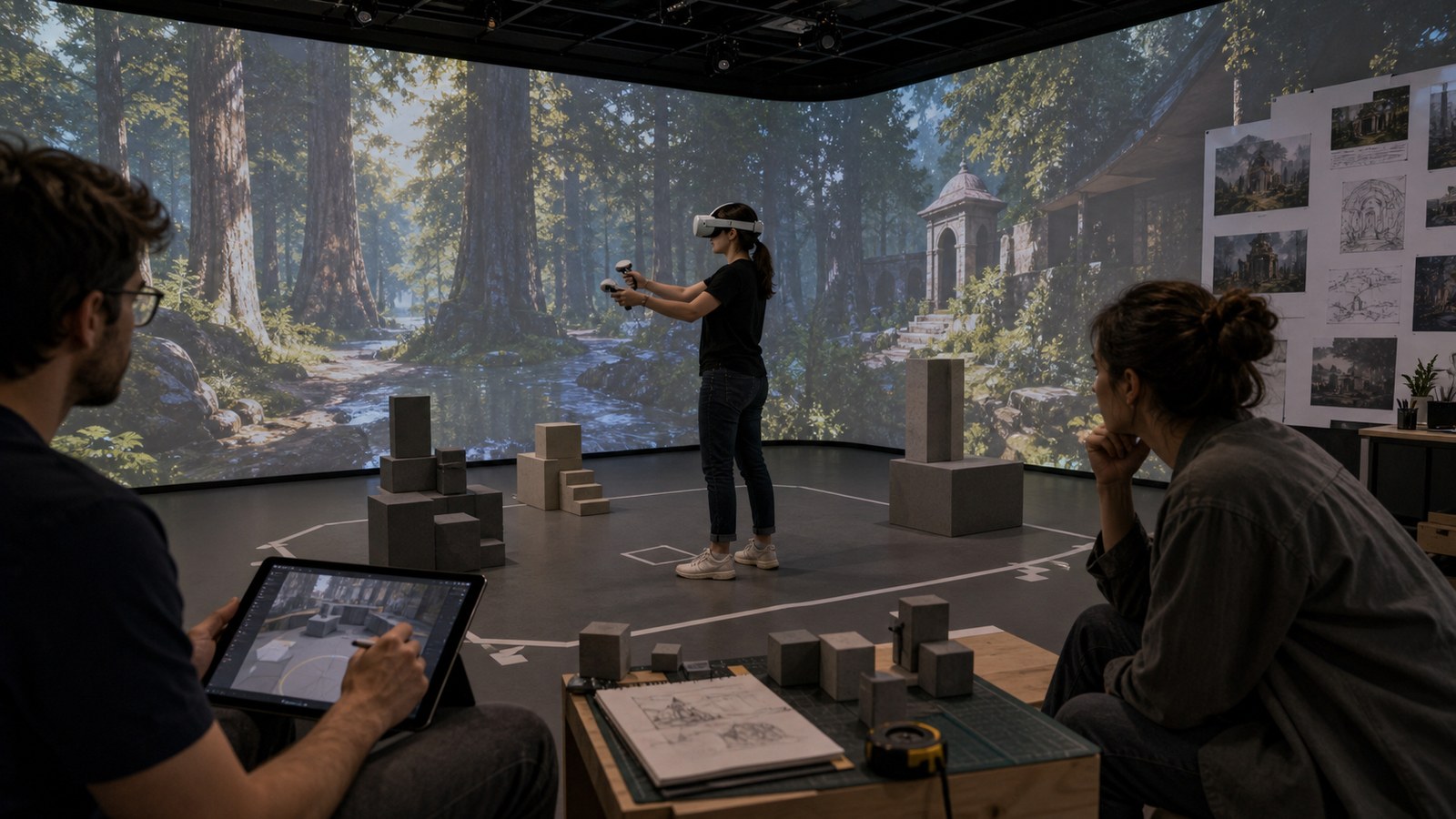VR playtest lab with participant testing scale and spatial comfort