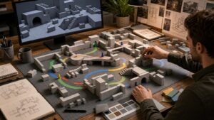 Level designer adjusting modular blockout map with paths cover and sightlines