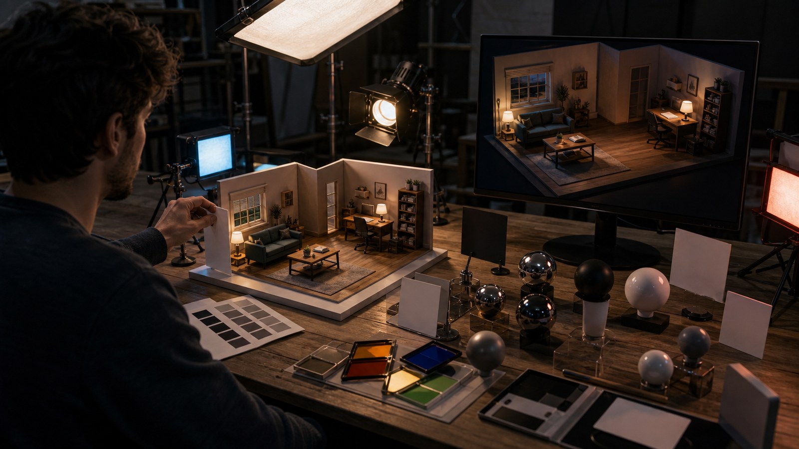Lighting practice studio with miniature 3D room model area lights gels and rendered scene monitor