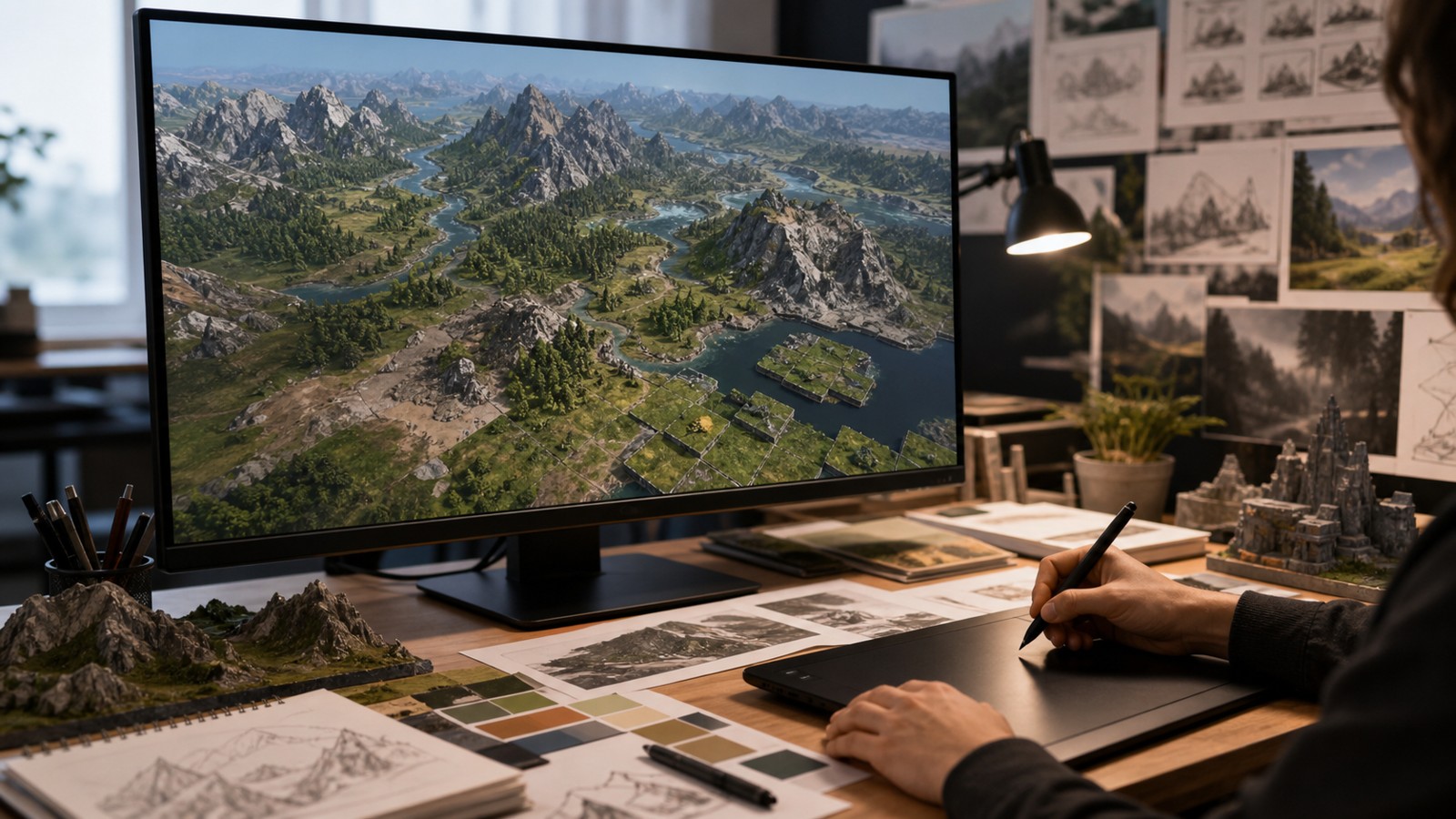Game artist workspace with procedural terrain on a monitor and landscape design materials