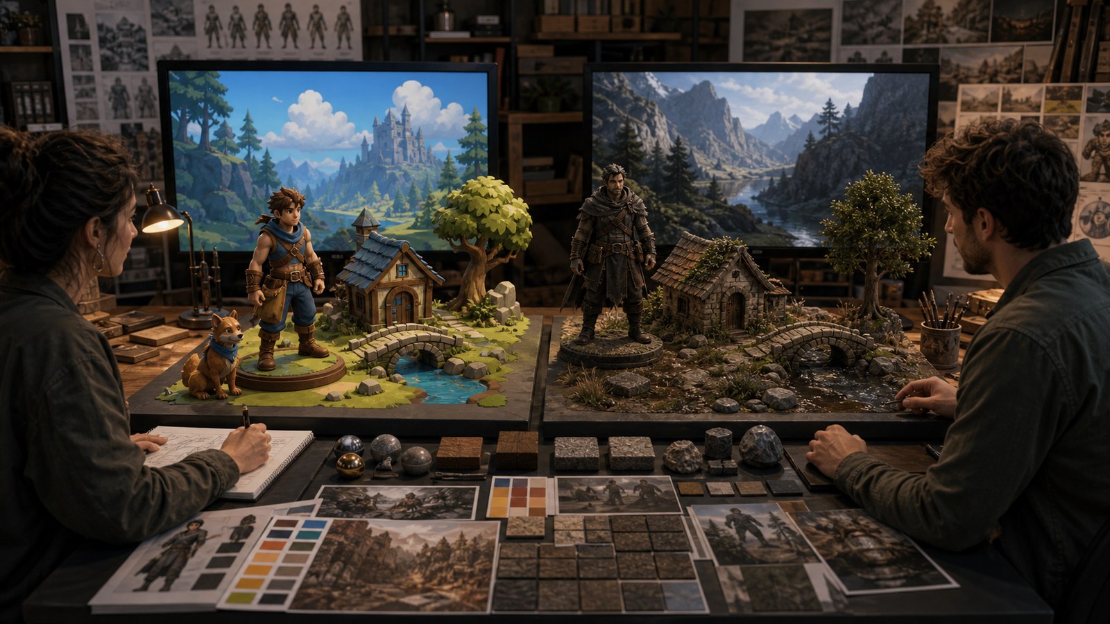 Artists comparing stylized and realistic 3D character maquettes and environment miniatures