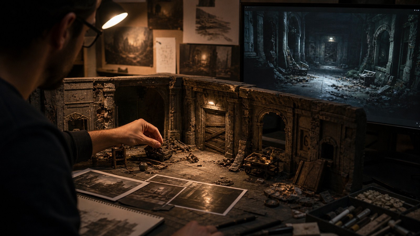 Level design workspace with abandoned corridor diorama and environmental story props