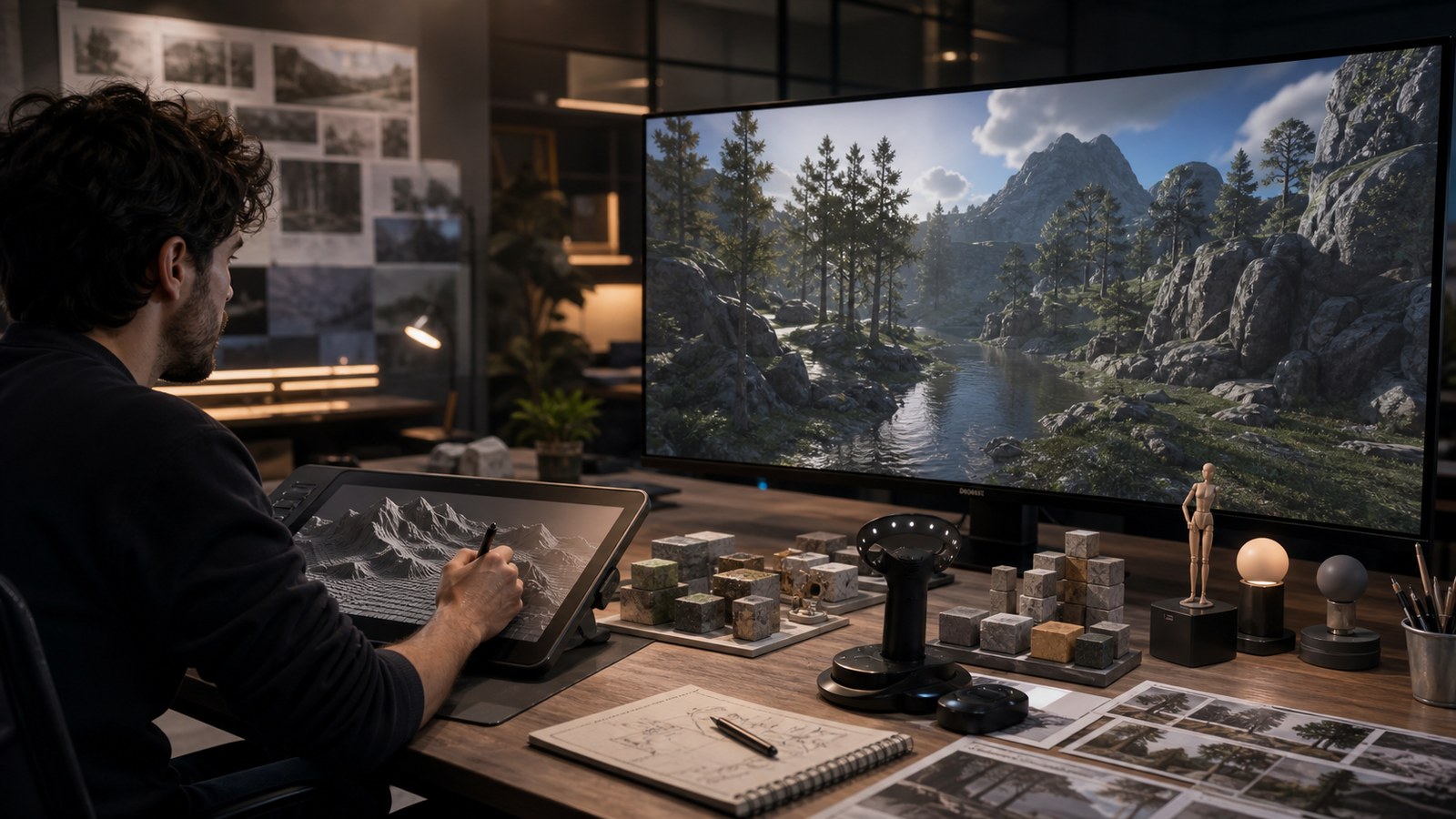 Game development workstation with terrain tools material cubes and unbranded 3D world view