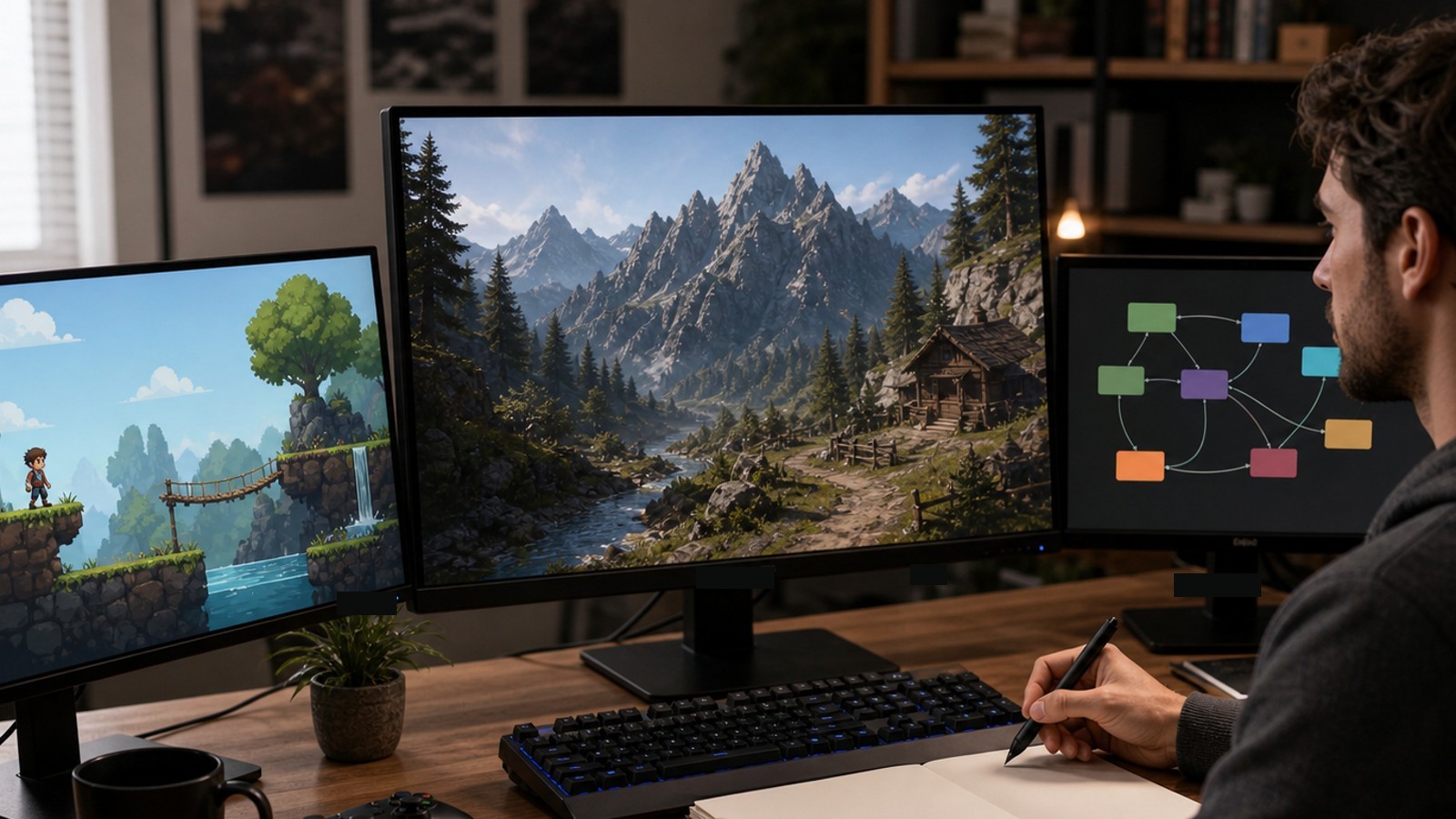 Developer comparing multiple unbranded game engine prototype screens on a desk