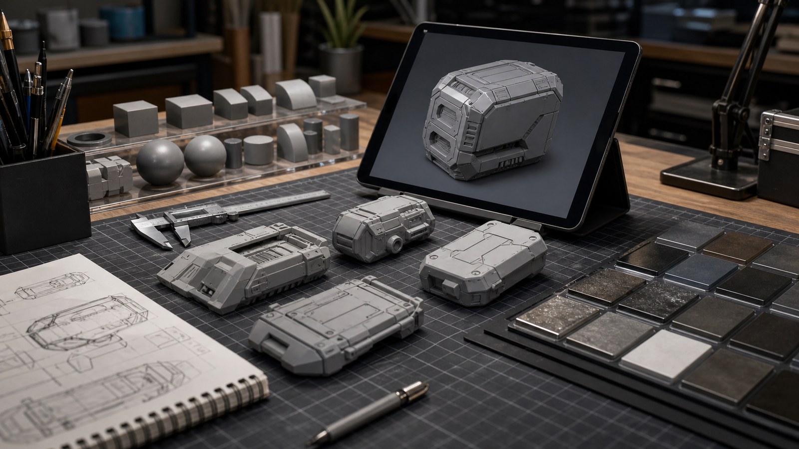 Hard surface modeling desk with sci-fi mechanical parts bevel references and gray 3D model