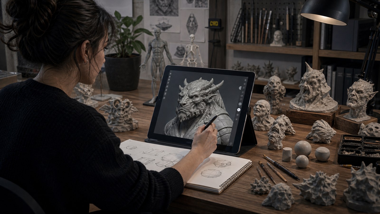 Digital sculpting desk with tablet creature bust anatomy models and practice forms