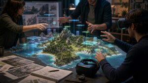 Designers planning a fantastical VR island world with physical model and headset