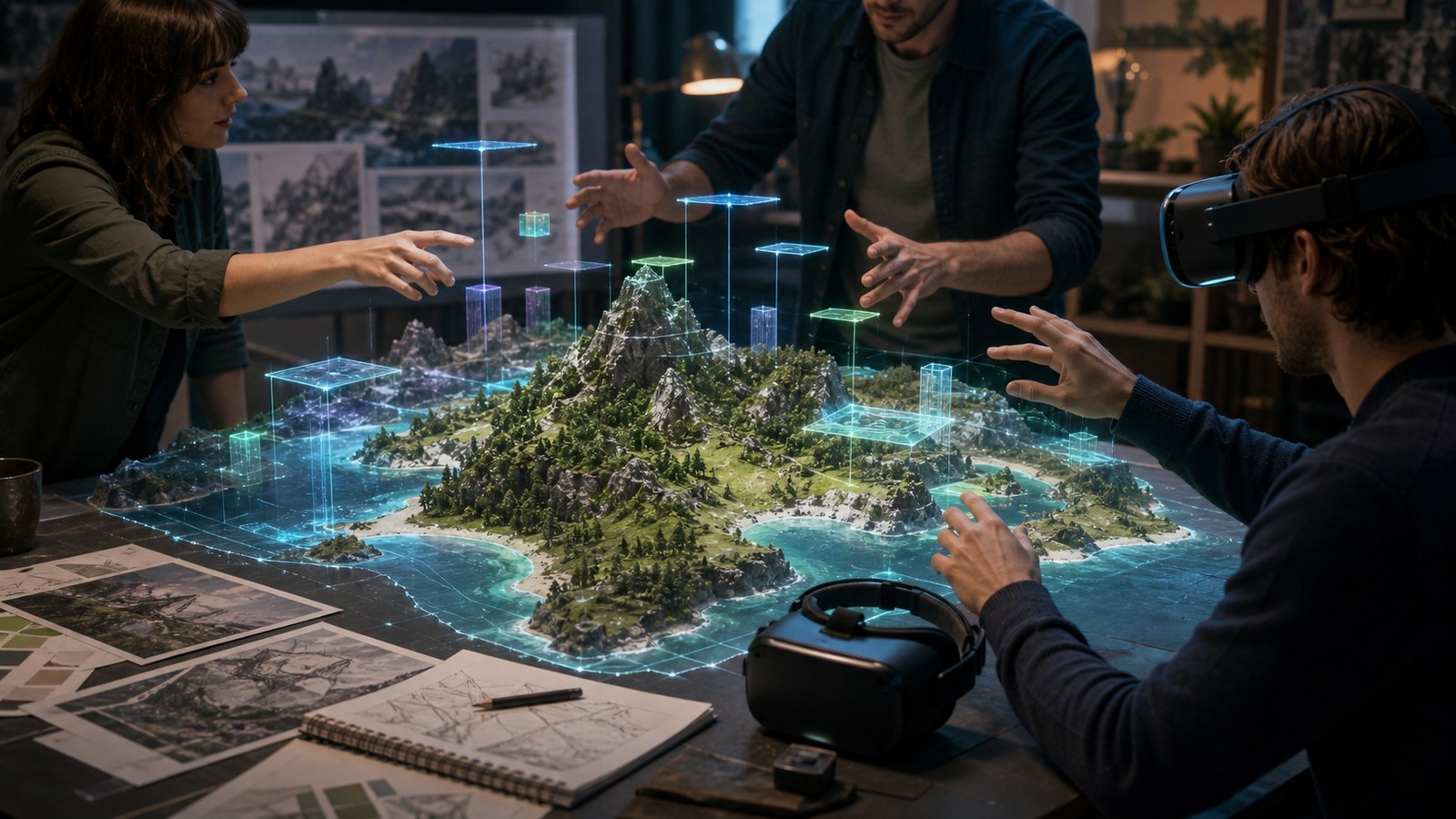 Designers planning a fantastical VR island world with physical model and headset