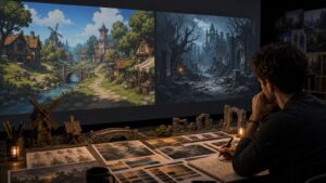 Game art director comparing cozy and dark visual styles in a projection room