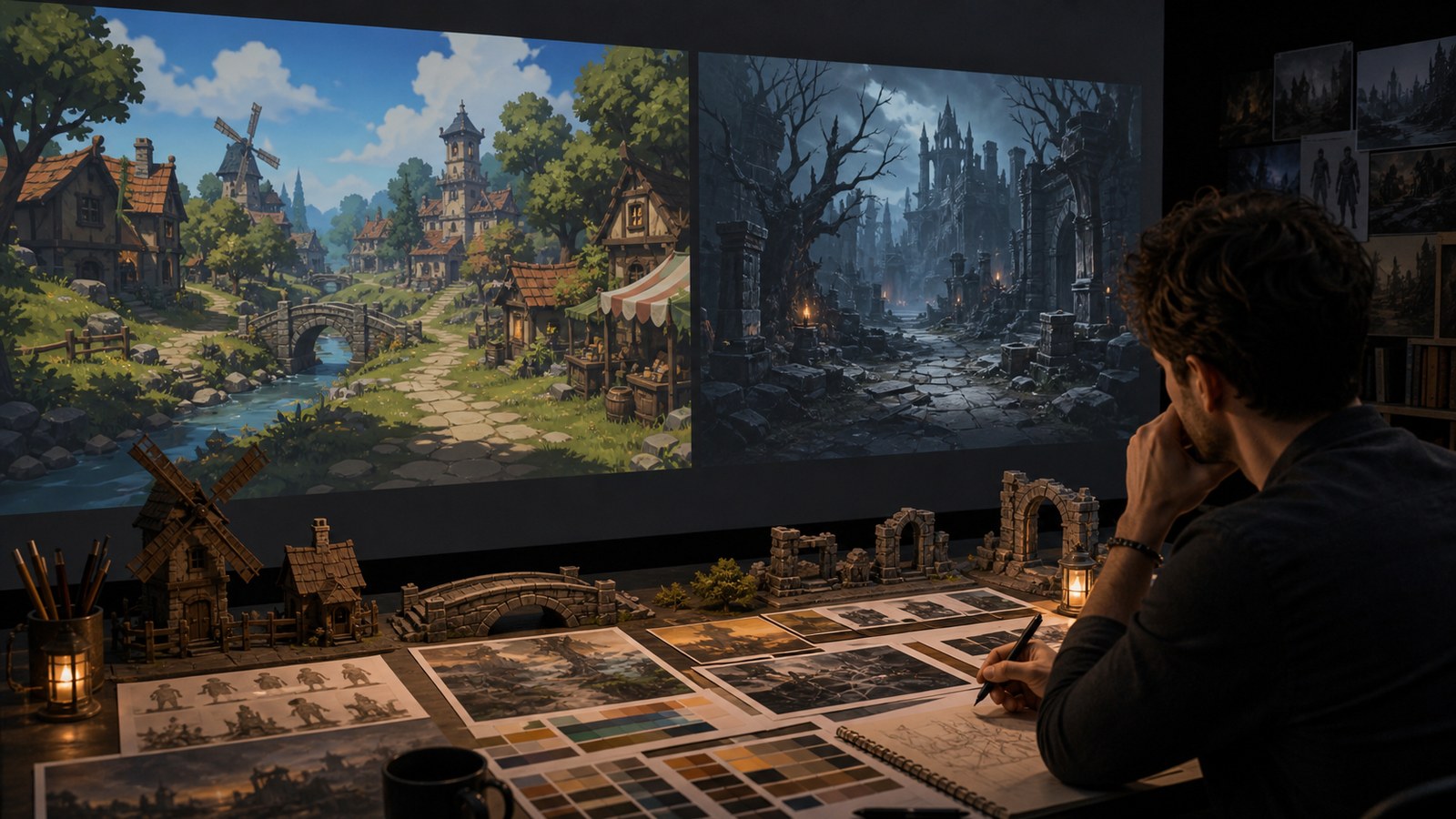 Game art director comparing cozy and dark visual styles in a projection room