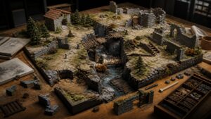 Miniature destructible game terrain diorama with cracked ruins and broken bridges