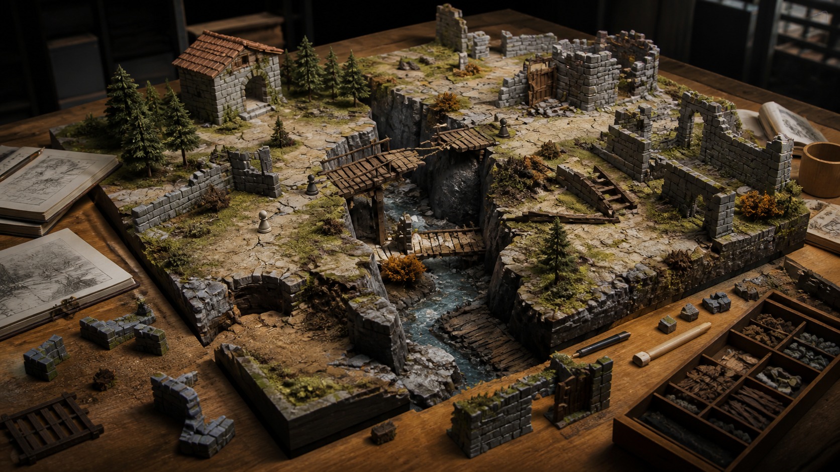Miniature destructible game terrain diorama with cracked ruins and broken bridges