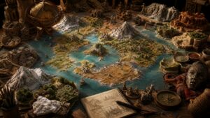 Worldbuilding table with terrain map settlements props and miniature environment pieces
