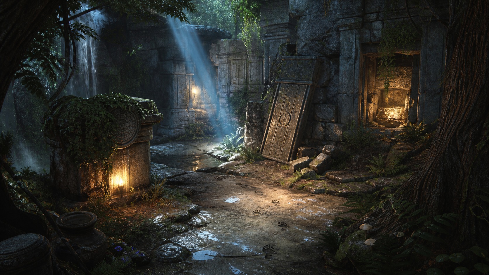 Mysterious game ruin with footprints light beams and hidden secret chamber clues