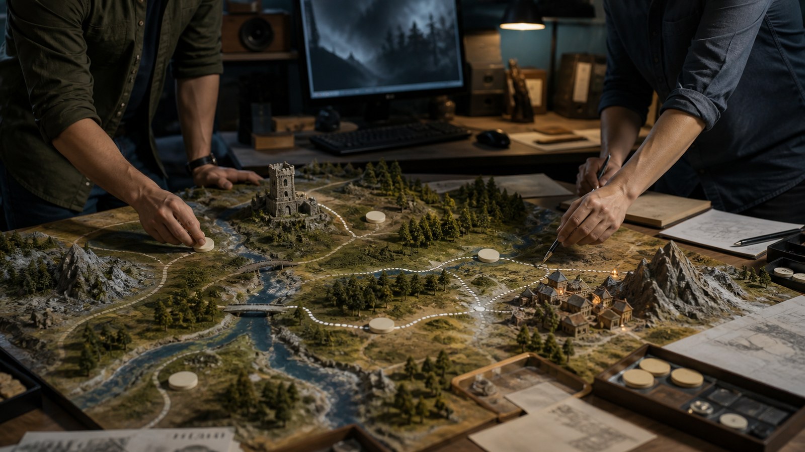 Designers arranging quest paths on a fantasy terrain map model