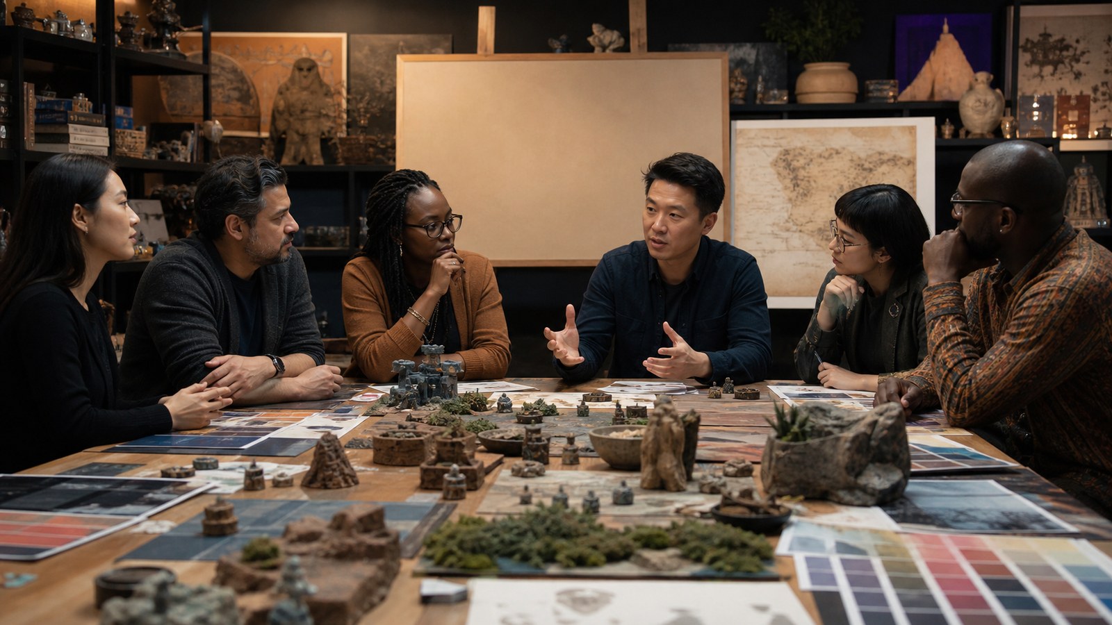 Game worldbuilding team reviewing cultural references and miniature environments