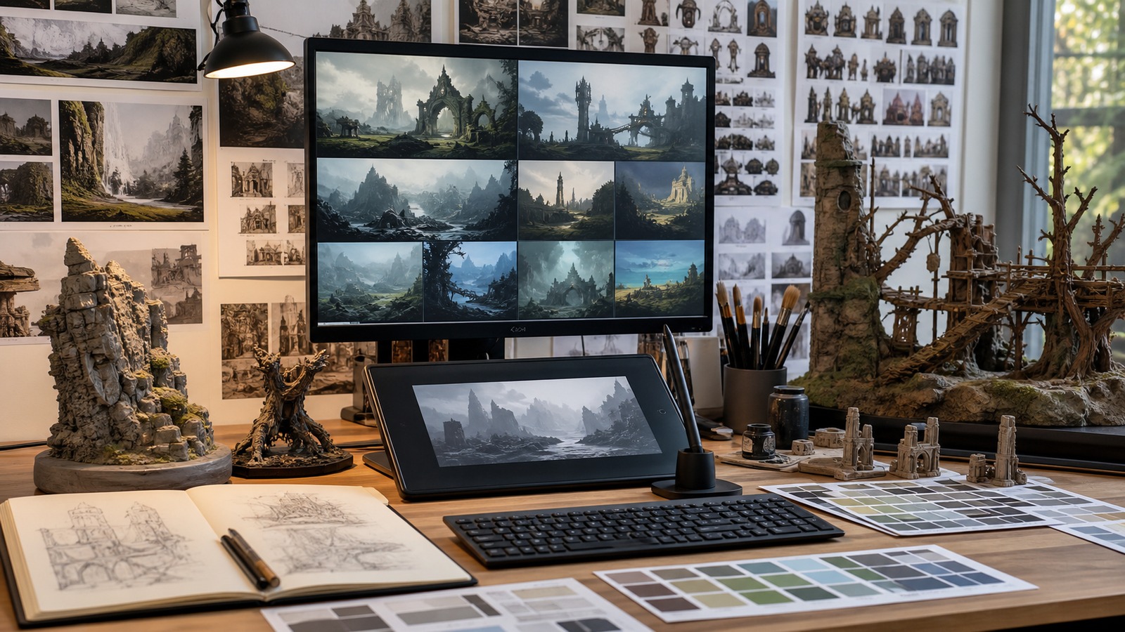 Digital artist desk with environment concept thumbnails terrain maquettes and color swatches