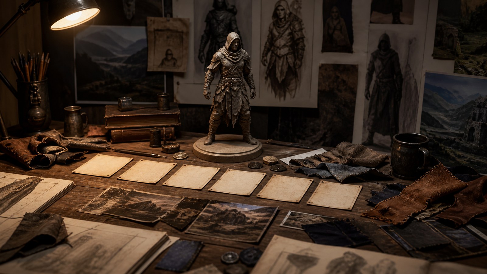 Character maquette surrounded by story objects costume swatches and blank timeline cards