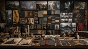 Game art direction moodboard with environment studies and material swatches