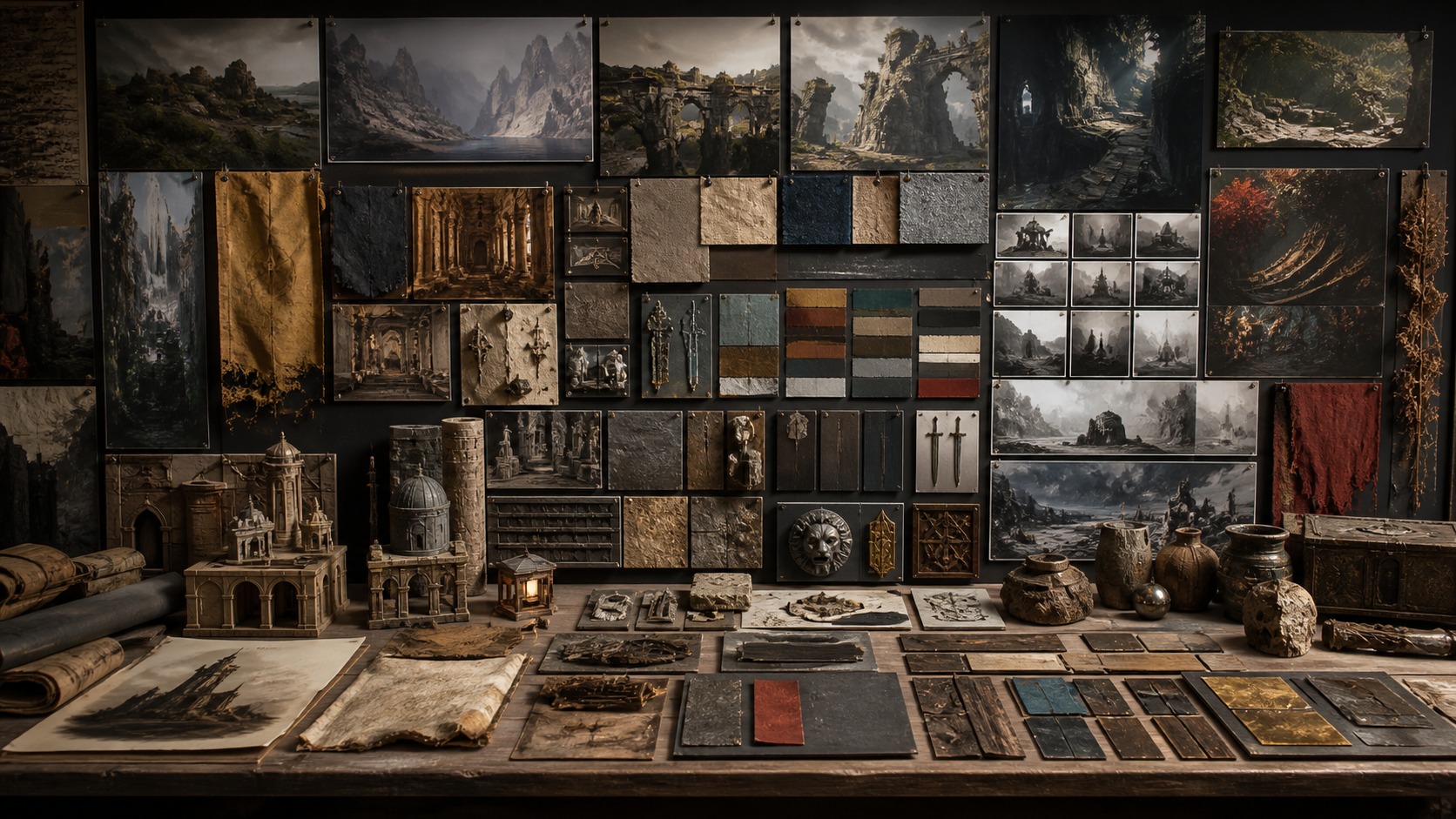 Game art direction moodboard with environment studies and material swatches
