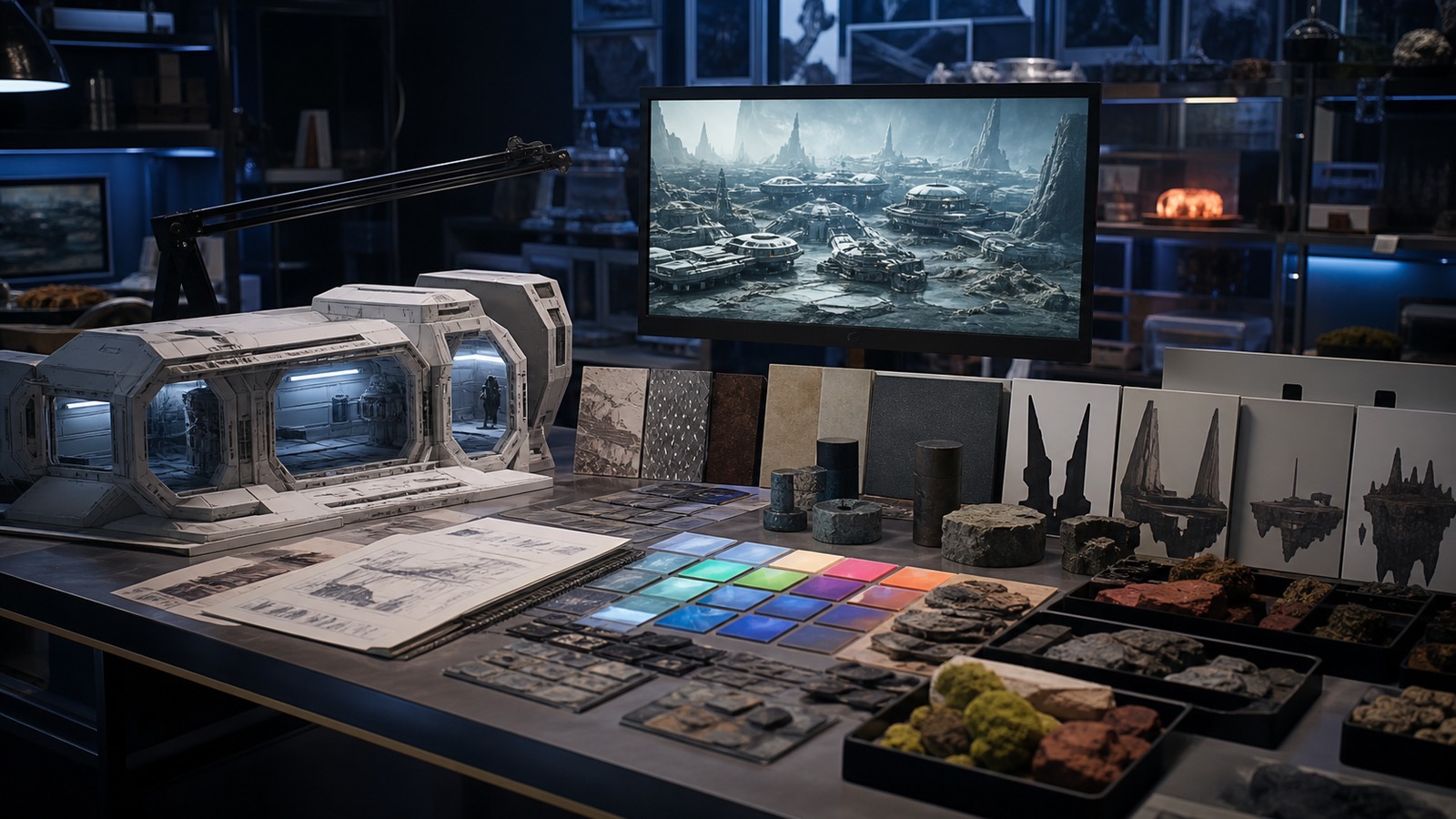 Sci-fi world moodboard desk with spaceship corridor miniature alien terrain samples and material swatches