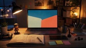 Solo indie game developer workspace with laptop sketchbook and controller
