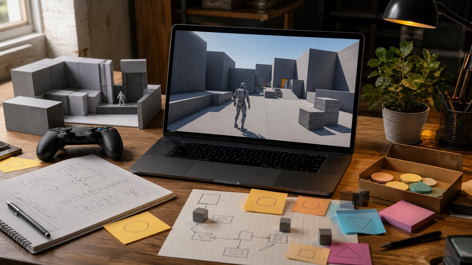 Indie game prototype workspace with graybox blocks controller paper mechanics and laptop