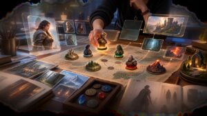 Narrative game design table with blank interface panels and story tokens