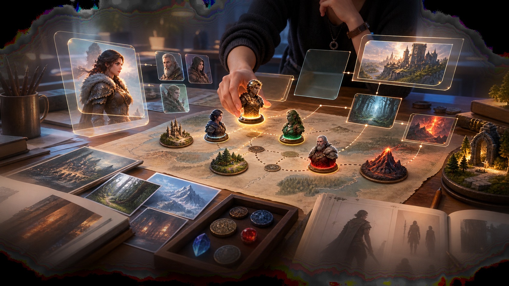 Narrative game design table with blank interface panels and story tokens