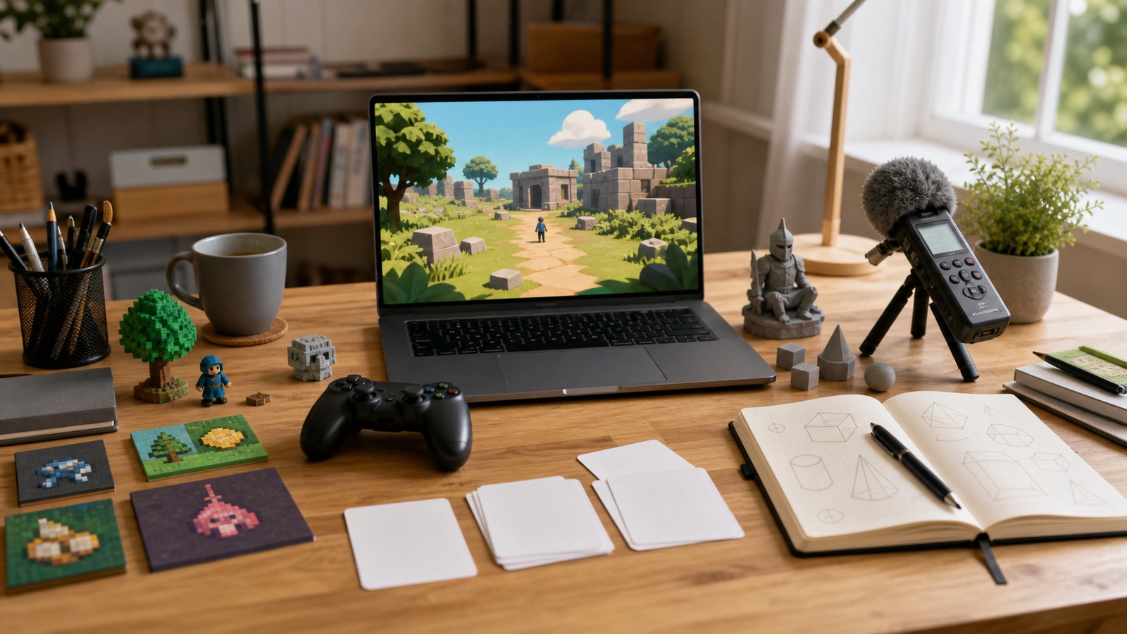Beginner indie game development desk with controller asset samples sound recorder and laptop